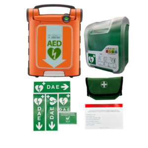 Pack DEA intérieur G5 avec armoire Aivia IN+ signalétique + kit de réanimation + étiquette de maintenance